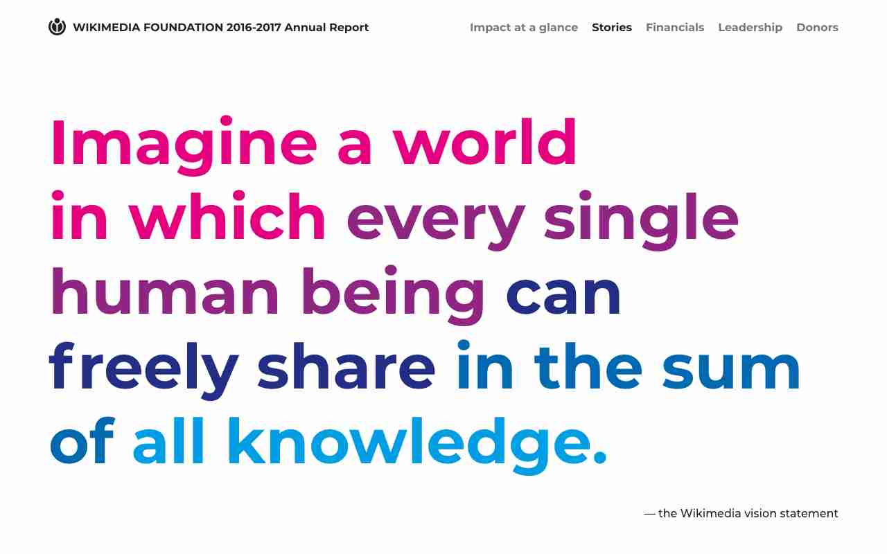Screenshot of Wikimedia Foundation 2016-2017 Annual Report website.
