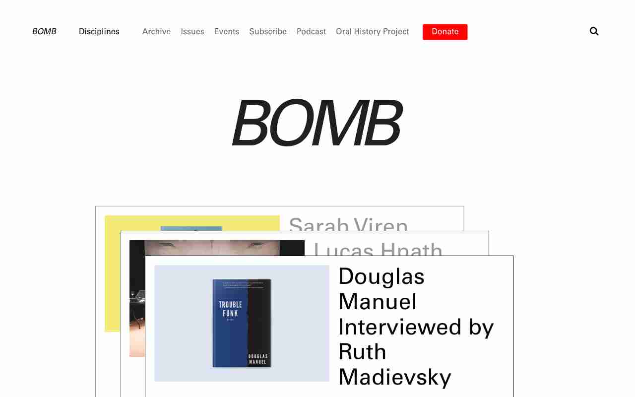 Screenshot of BOMB Magazine website.