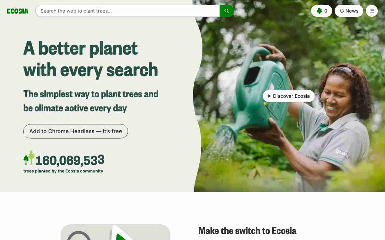 Screenshot of Ecosia website.