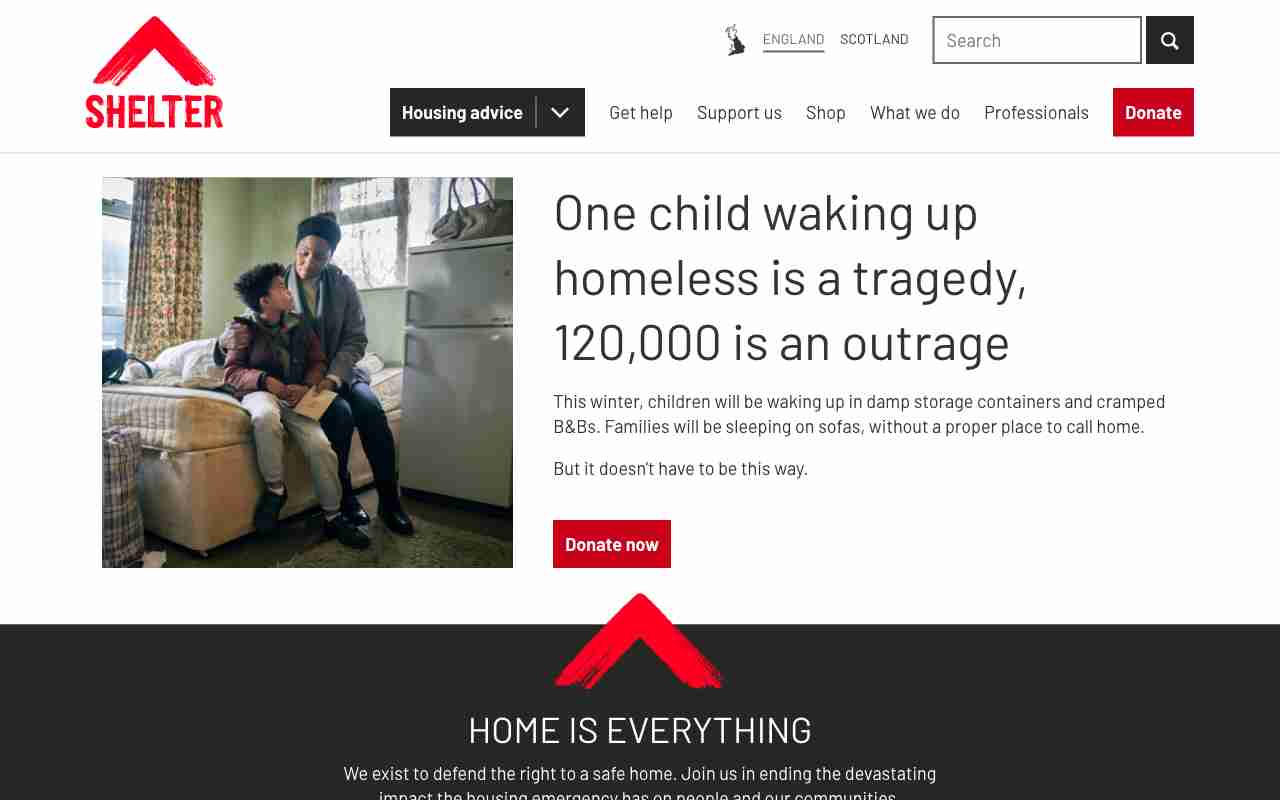Screenshot of Shelter England website.
