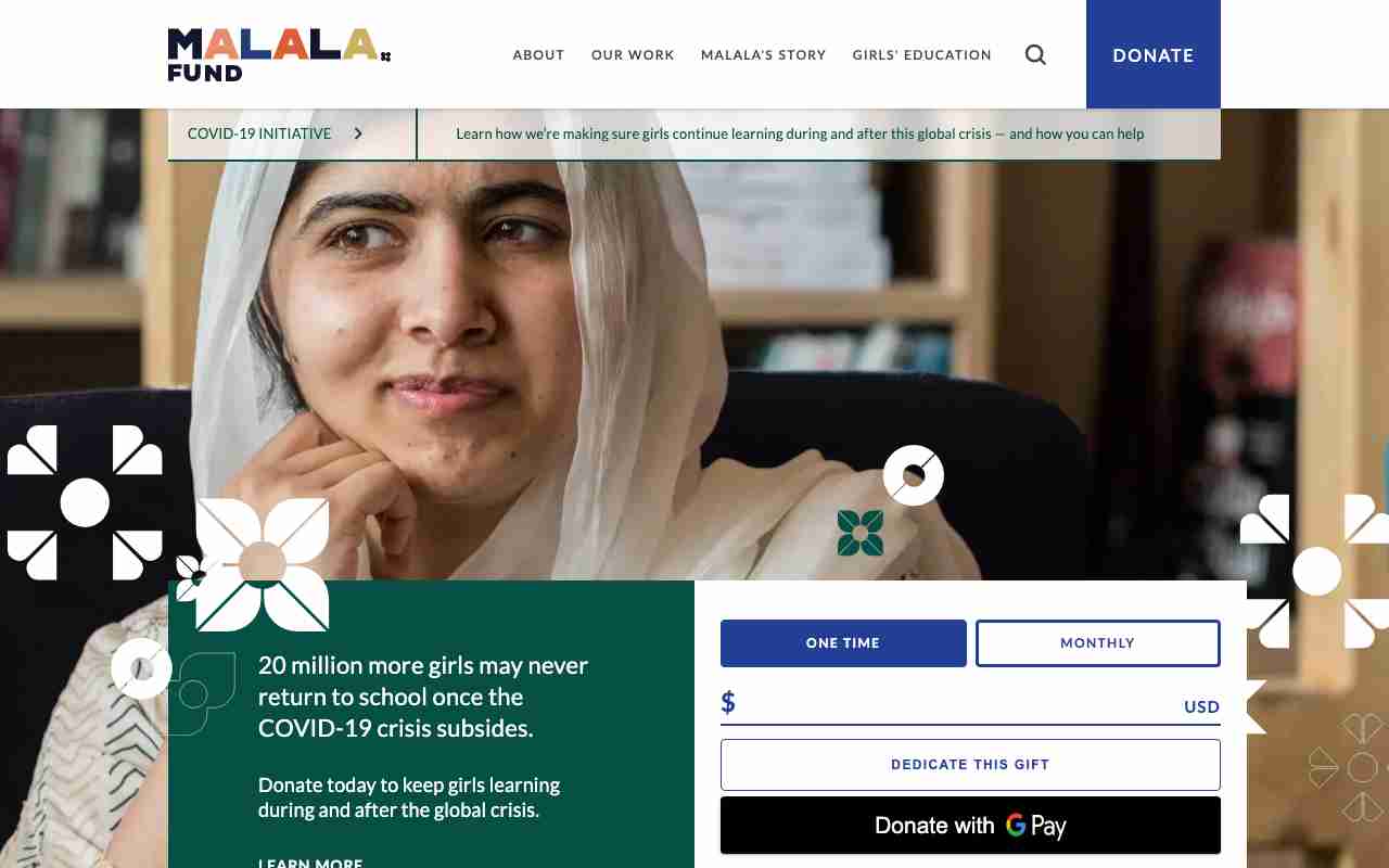 Screenshot of Malala Fund website.