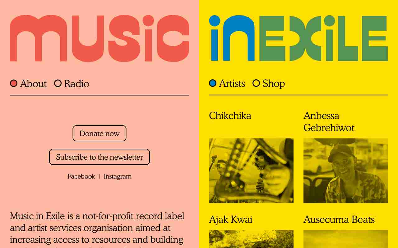 Screenshot of Music In Exile website.