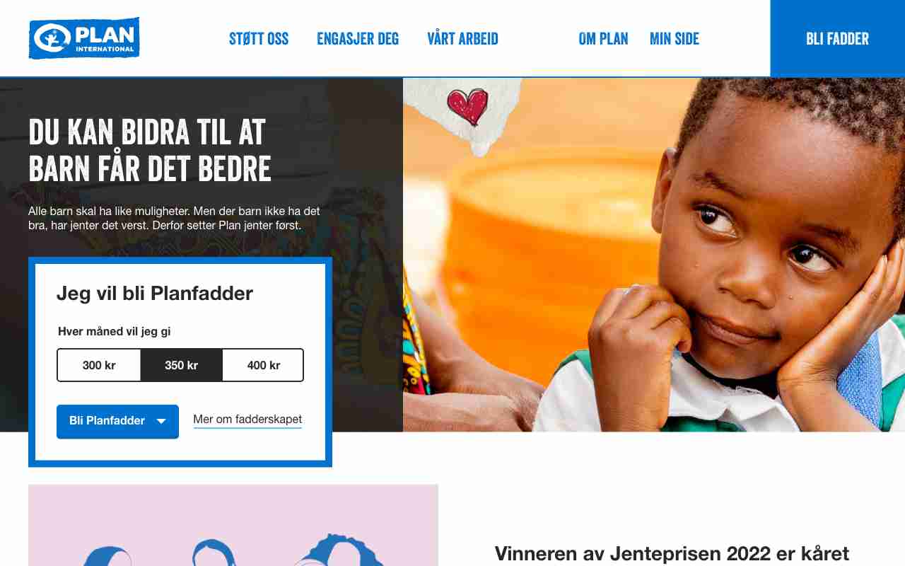Screenshot of Plan International Norge website.