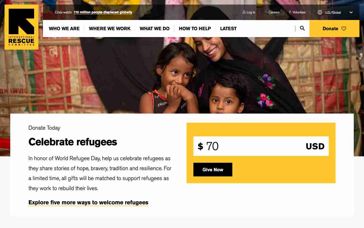 Screenshot of International Rescue Committee website.